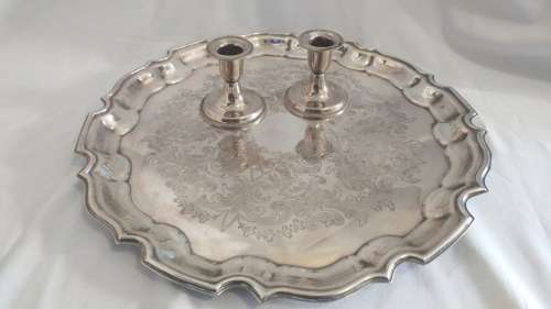 Lovely decorated silver plate tray /salver and 2 silver plate dwarf candlesticks