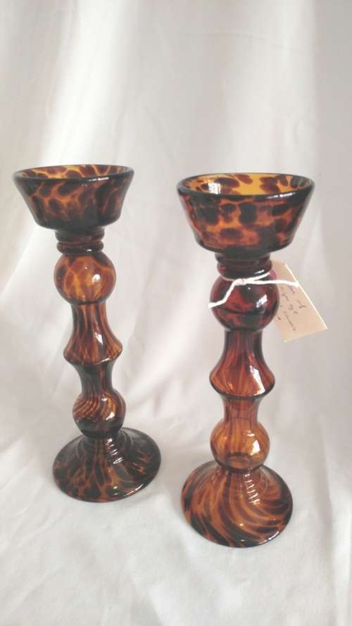 Stunning Pair Tortoise shell glass tall candlesticks