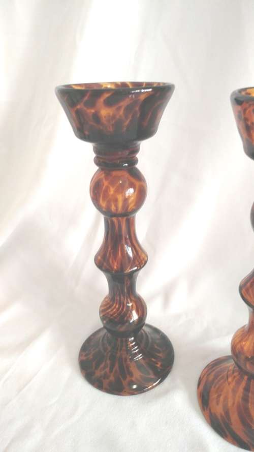 Stunning Pair Tortoise shell glass tall candlesticks