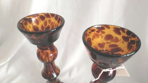 Stunning Pair Tortoise shell glass tall candlesticks