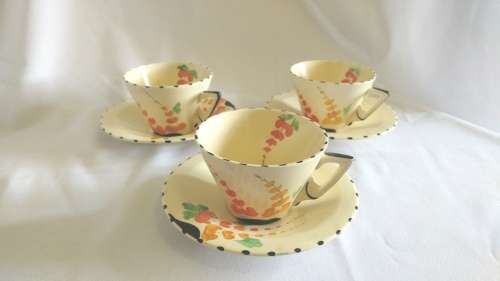 Handpainted Burleighware Art Deco Lupin pattern serving dish and 3 tea cups