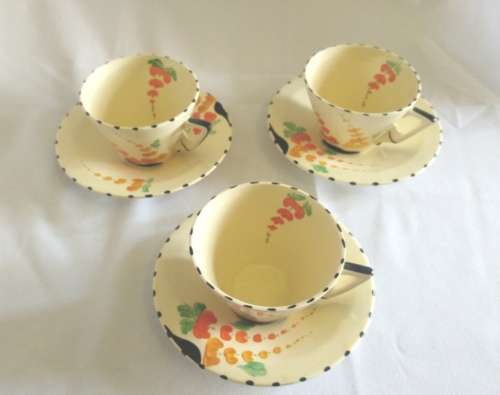Handpainted Burleighware Art Deco Lupin pattern serving dish and 3 tea cups
