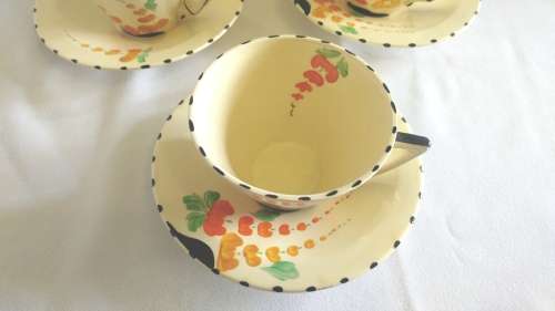 Handpainted Burleighware Art Deco Lupin pattern serving dish and 3 tea cups