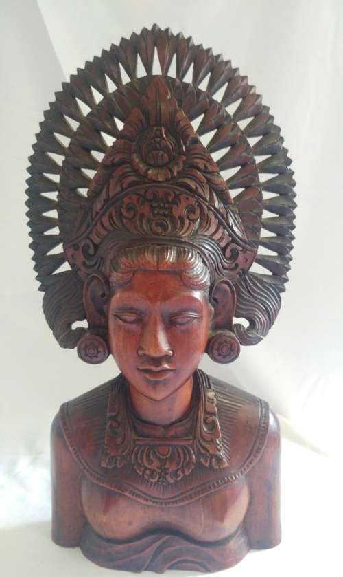 Large Hand carved Indonesian Teak bust/sculpture of a woman in traditional dress