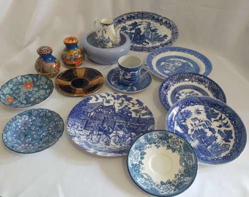 Decorative Blue and white ceramic plates 15-piece collection including salt and pepper handpainted