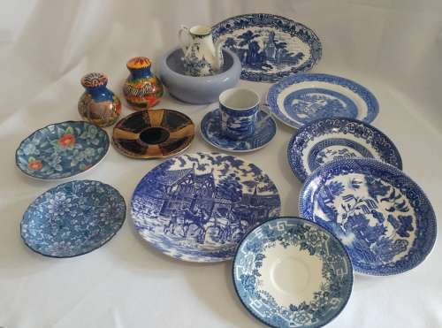 Decorative Blue and white ceramic plates 15-piece collection including salt and pepper handpainted