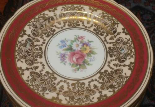 Elegant Royal Paragon floral sprig gold, pink and a maroon band Rococo-style Tea trio 1952-1956