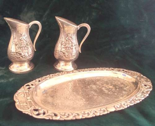 Stunning vintage embossed silverplate Dutch salt and pepper set with tray