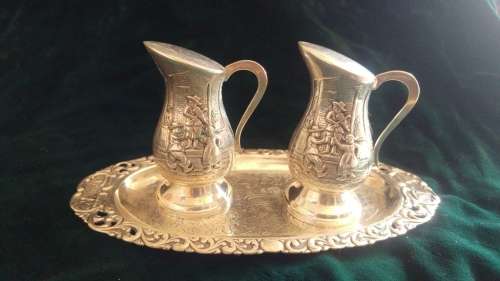 Stunning vintage embossed silverplate Dutch salt and pepper set with tray