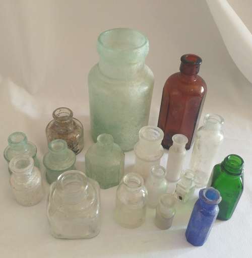 Delightful large 17 vintage ink, medicine glass bottle collection in blue and green