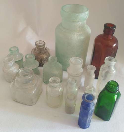 Delightful large 17 vintage ink, medicine glass bottle collection in blue and green