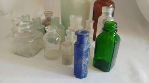 Delightful large 17 vintage ink, medicine glass bottle collection in blue and green
