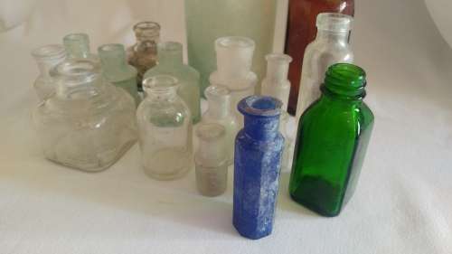 Delightful large 17 vintage ink, medicine glass bottle collection in blue and green