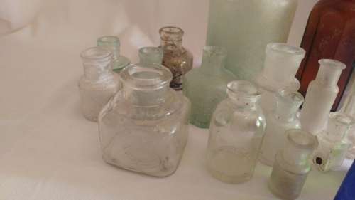 Delightful large 17 vintage ink, medicine glass bottle collection in blue and green