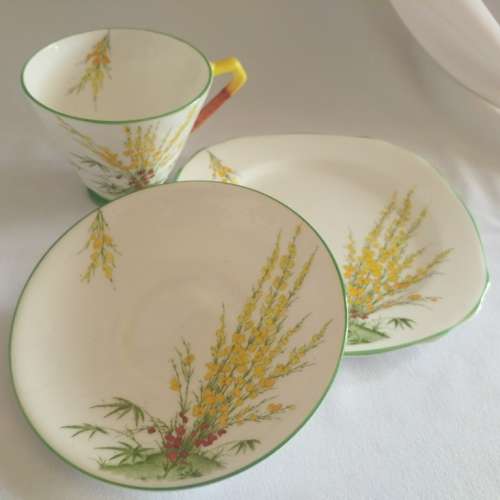 Delightful in yellow and green Royal Stafford Broom pattern Trio