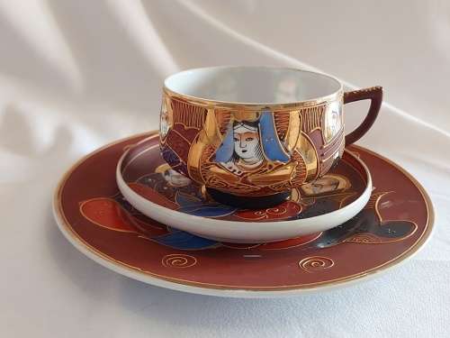 Satsuma Japanese stunning Moriage eggshell porcelain Tea trio