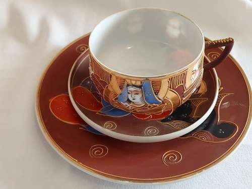 Satsuma Japanese stunning Moriage eggshell porcelain Tea trio