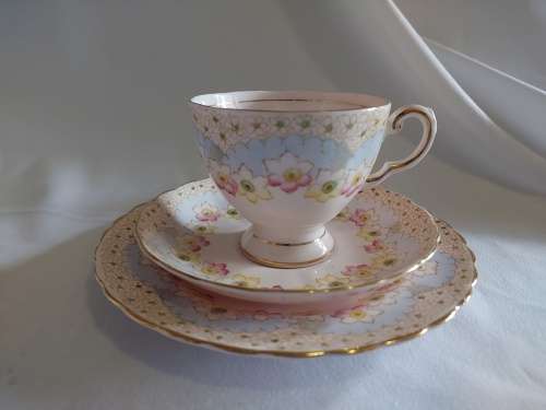 Delicate Tuscan Blossom pink and blue design Tea trio