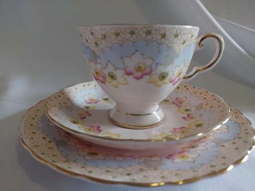 Delicate Tuscan Blossom pink and blue design Tea trio
