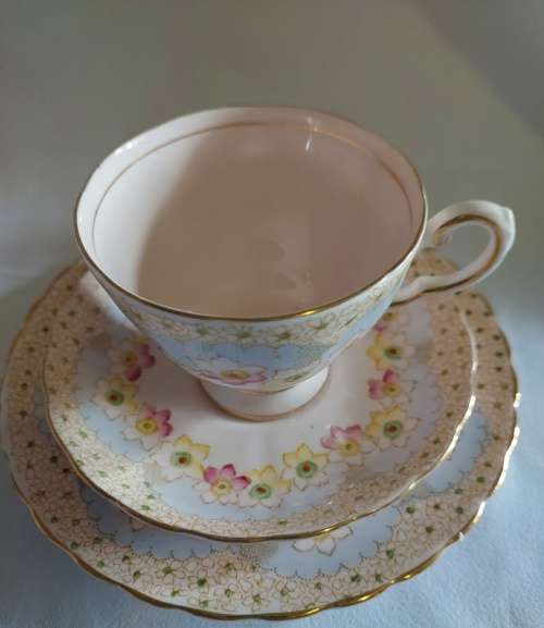 Delicate Tuscan Blossom pink and blue design Tea trio