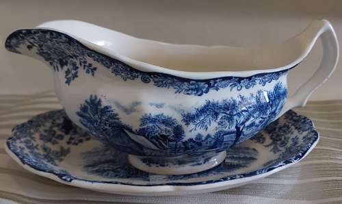 English Blue and white Johnson Bros Millstream River scene sauce boat and underplate