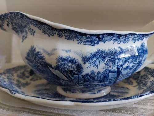 English Blue and white Johnson Bros Millstream River scene sauce boat and underplate