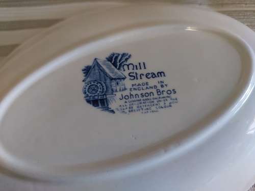 English Blue and white Johnson Bros Millstream River scene sauce boat and underplate