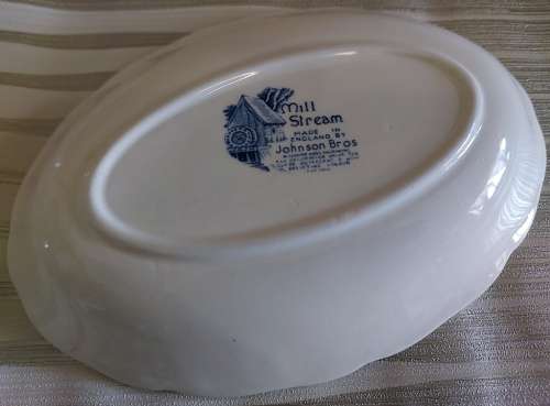 English Blue and white Johnson Bros Millstream River scene sauce boat and underplate