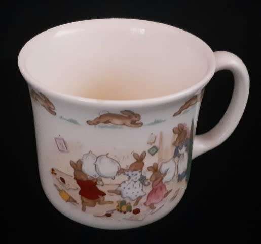 Royal Doulton Bunnykins Pillow Fight Hug-a-Mug designed by Walter Hayward