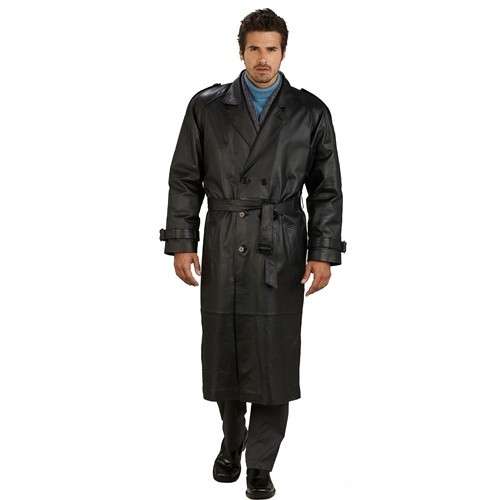 Mens Classic Double-Breasted Leather Trench Coat