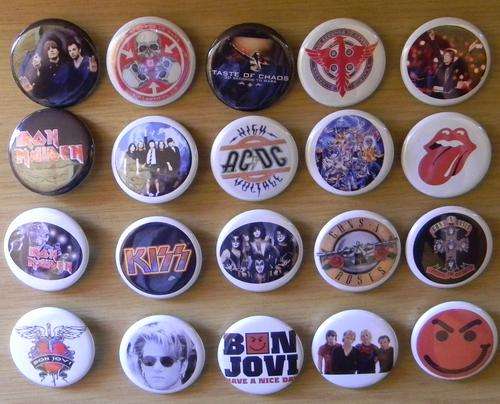 37mm Pin Button Badges, Rock, ACDC, Bon Jovi, GNR, Iron Maiden 30 Sec