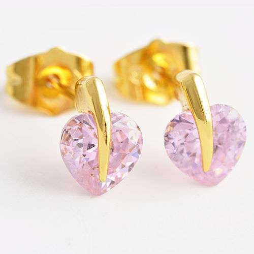 Skillful Womens /Girls Stud Earrings Pink Heart CZ Gold Filled S0330  (K4129)