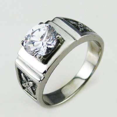 STAINLESS STEEL EMBOSSED FLOWER  CRYSTAL RING