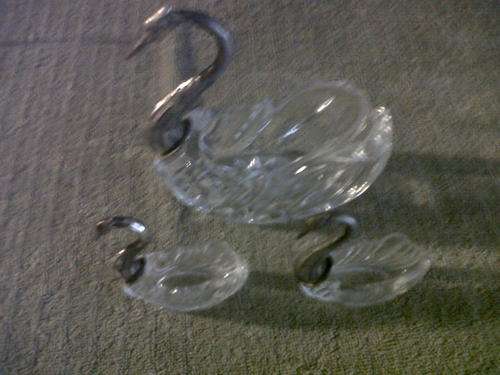 1 medium and 2 small glass swans with copper heads - very rare