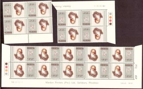 Rhodesia 1972 issue Dr R.Moffat. 3 good blocks hinge on margin.