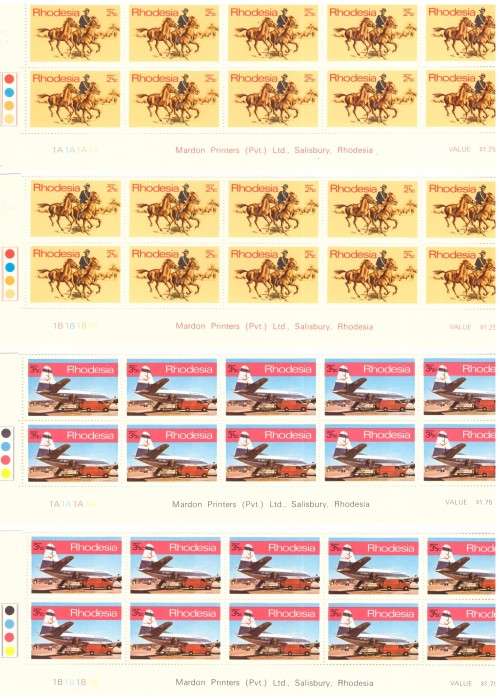 Rhodesia 1970 issue, [Post Telecomm.] 8 strips of the bottom sheets, hinge on margin. Variety