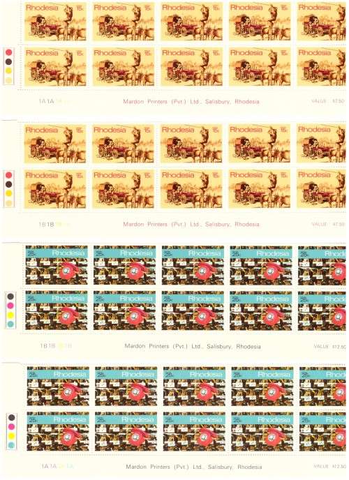 Rhodesia 1970 issue, [Post Telecomm.] 8 strips of the bottom sheets, hinge on margin. Variety