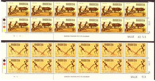Rhodesia 1968 issue. Ploughing Contest.  4 strip of the bottom sheets, hinge on margin.