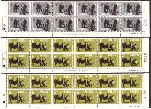 Rhodesia 1967 issue. Flora and Fauna.  10 strip of the bottom sheets, hinge on margin. and blocks.