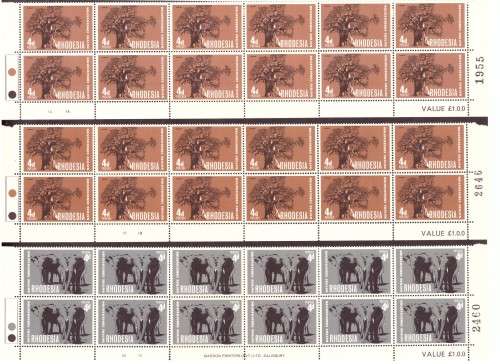 Rhodesia 1967 issue. Flora and Fauna.  10 strip of the bottom sheets, hinge on margin. and blocks.