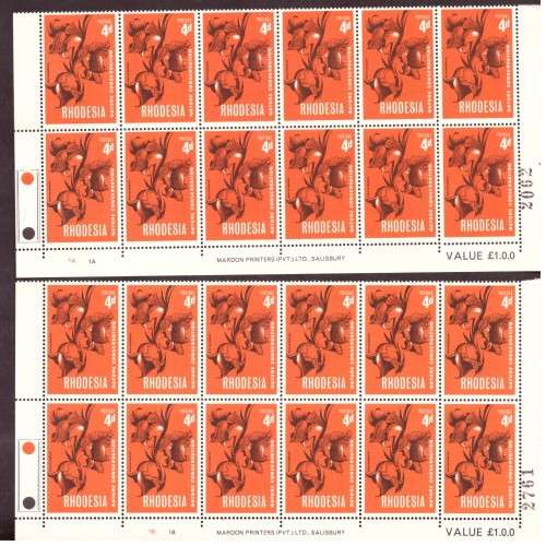 Rhodesia 1967 issue. Flora and Fauna.  10 strip of the bottom sheets, hinge on margin. and blocks.