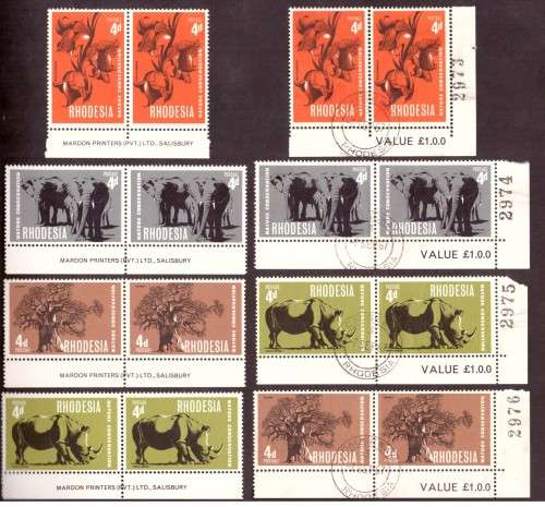 Rhodesia 1967 issue. Flora and Fauna.  10 strip of the bottom sheets, hinge on margin. and blocks.