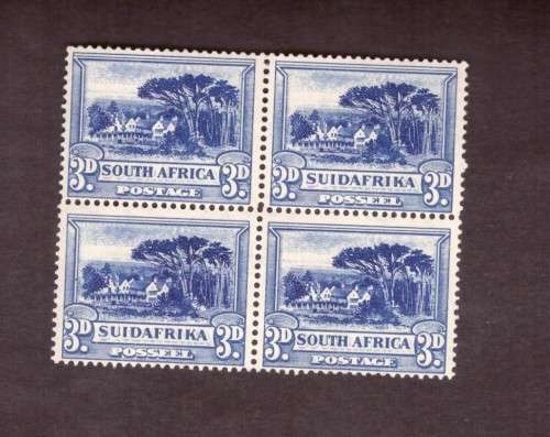 UNION 0f South Africa 1933 Block of4  3d. Roto printing. Top pair hinge.varieti center perf.hole