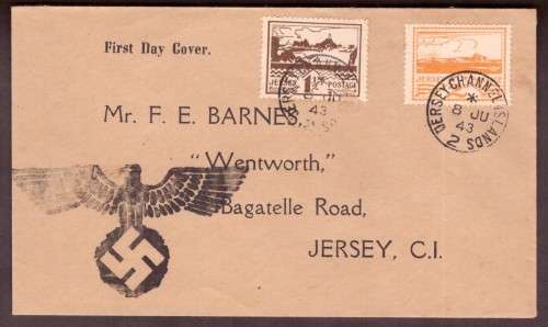 Great Britain. Jersey First Day Cover stamps 1.5d and 2d.   8 JU 1943. interesting .