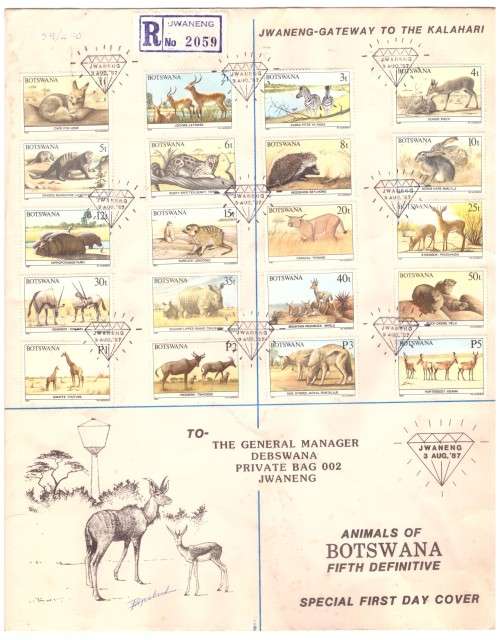 Botswana .1987 Scott #404-423 . set used on cover Signed by Designer.