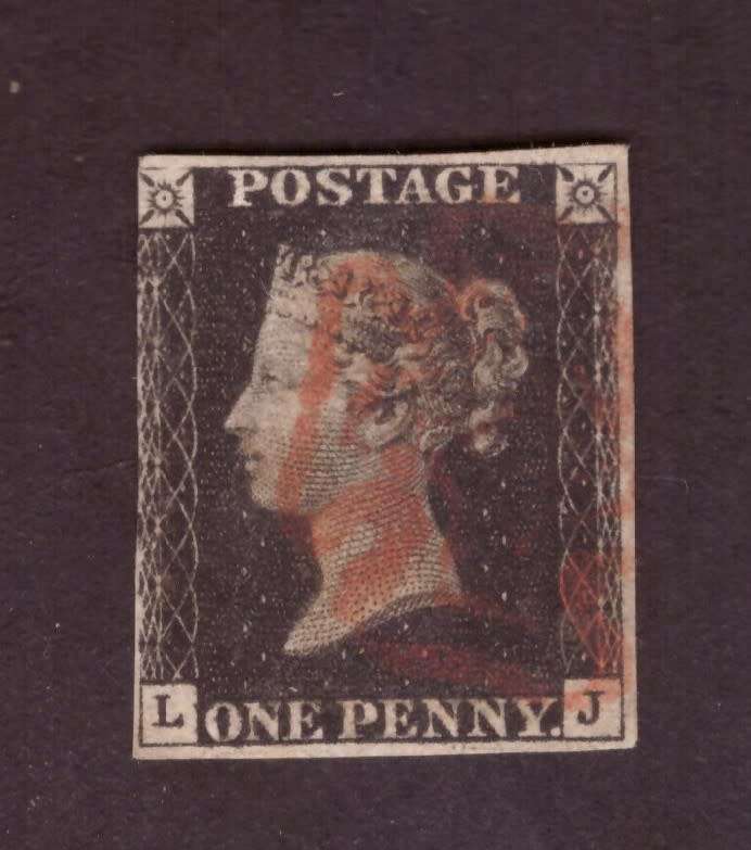 GB 1840 Penny Black  Pl. 5  leters LJ  3 margin.