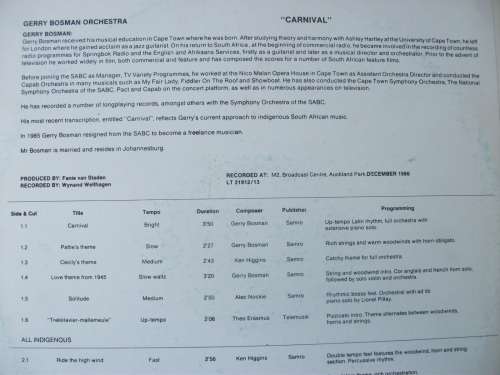 Gerry Bosman Orchestra - Transcription Service - Carnival (LP 1986)