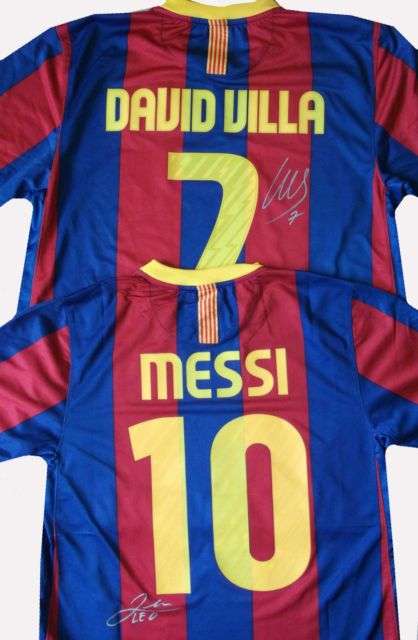 2 SHIRT DEAL!! LIONEL MESSI + DAVID VILLA SIGNED BARCELONA SOCCER SHIRTS INC COA
