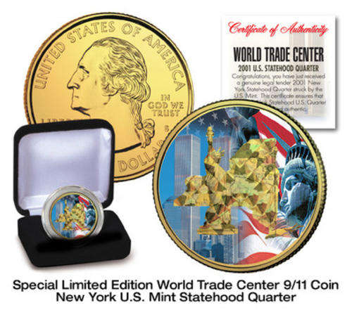 WTC 9/11 GOLD HOLOGRAM 24K GOLD PLATED U.S. MINT NEW YORK STATEHOOD QUARTER COIN
