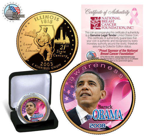 BARACK OBAMA Licensed *Pink Cancer Awareness* GOLD ILLINOIS STATE QUARTER w/BOX